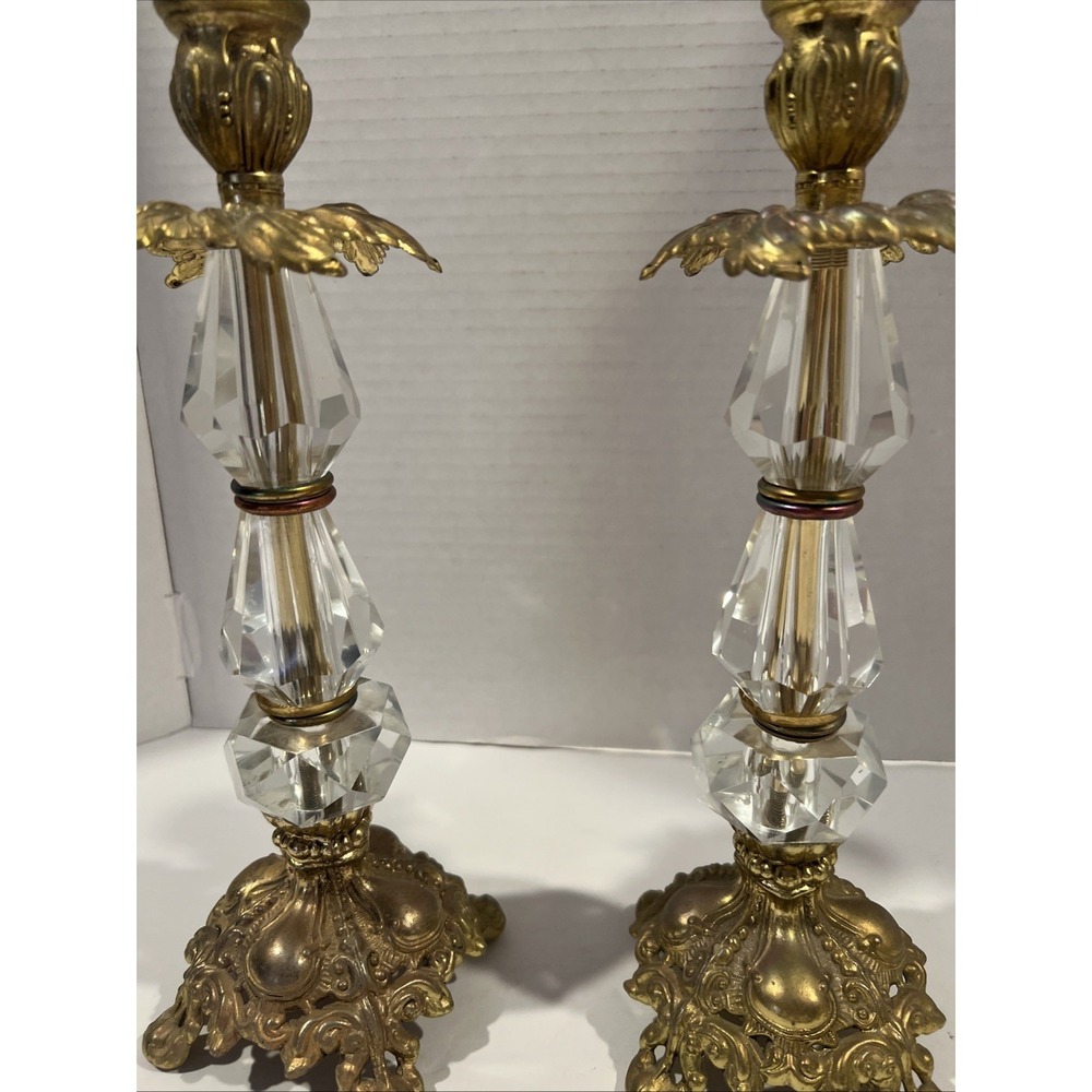 VTG Antique Victorian Brass Figural Crystal Hollywood Regen Candlestick Holders - Picture 3 of 6